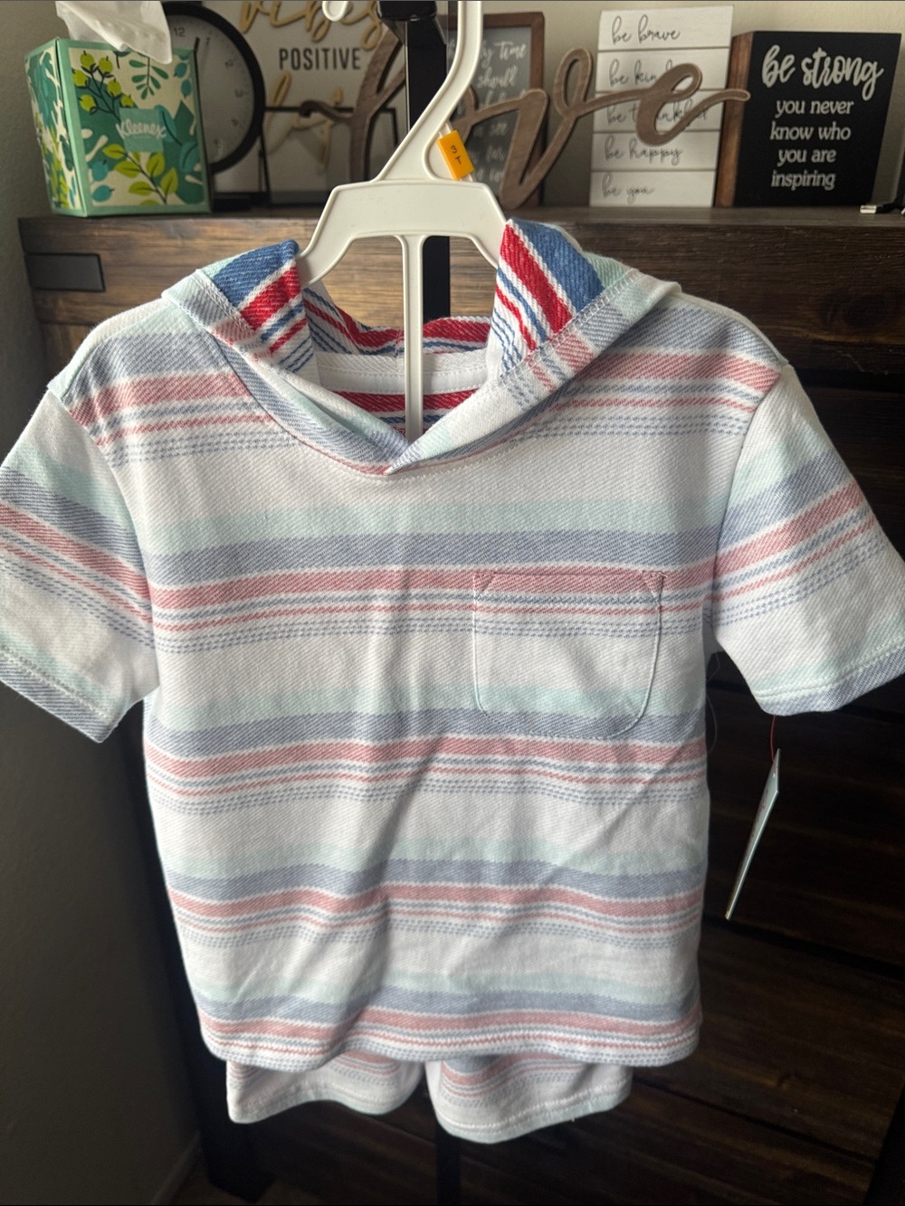 Cat & Jack Short-Sleeve Hooded Tee in Pastel Blue & light red Stripes short set